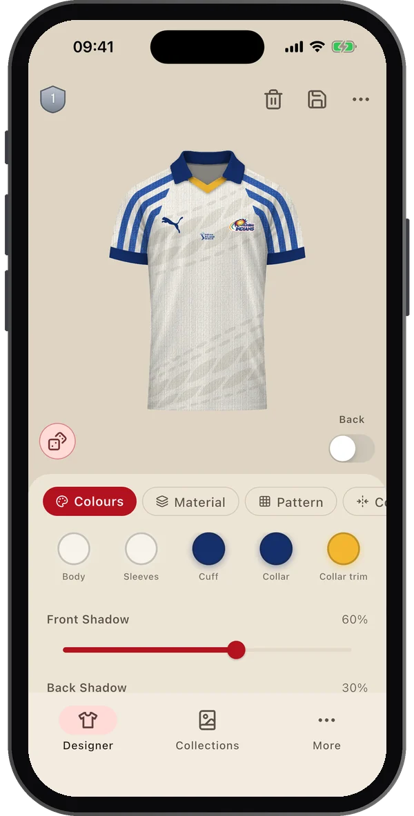 Cricket shirt designer app showing a white shirt with blue shoulder bars, a polo collar, a Puma logo, a Mumbai Indians team logo and the IPL logo