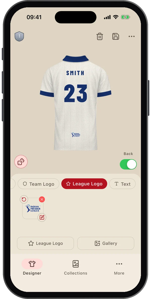 Back of a white cricket shirt with SMITH 23 and the IPL logo in the League Logo tab